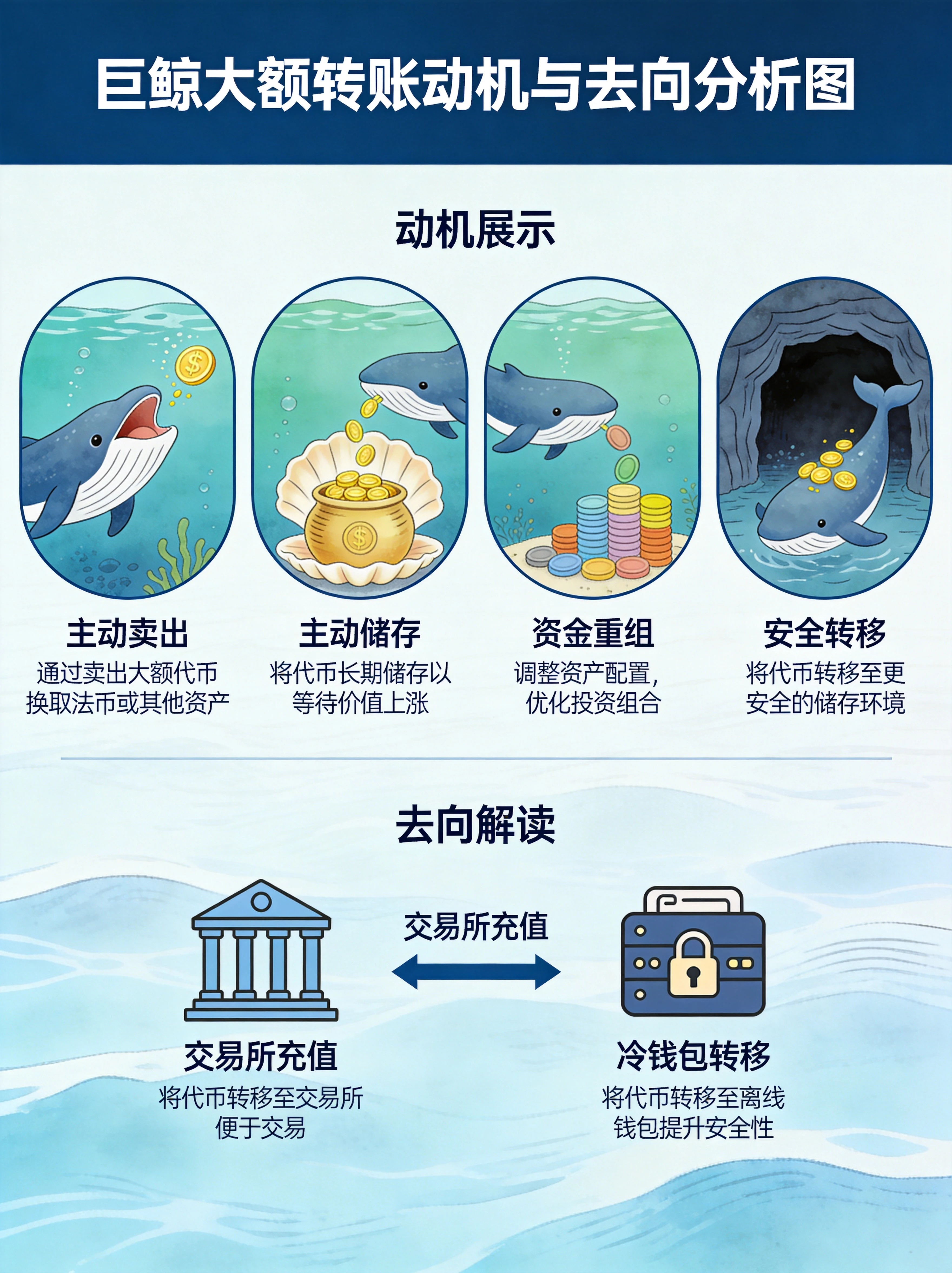 巨鲸大额转账四大动机与去向分析图，主动卖出、主动储存、资金重组、安全转移，以及交易所vs冷钱包方向解读