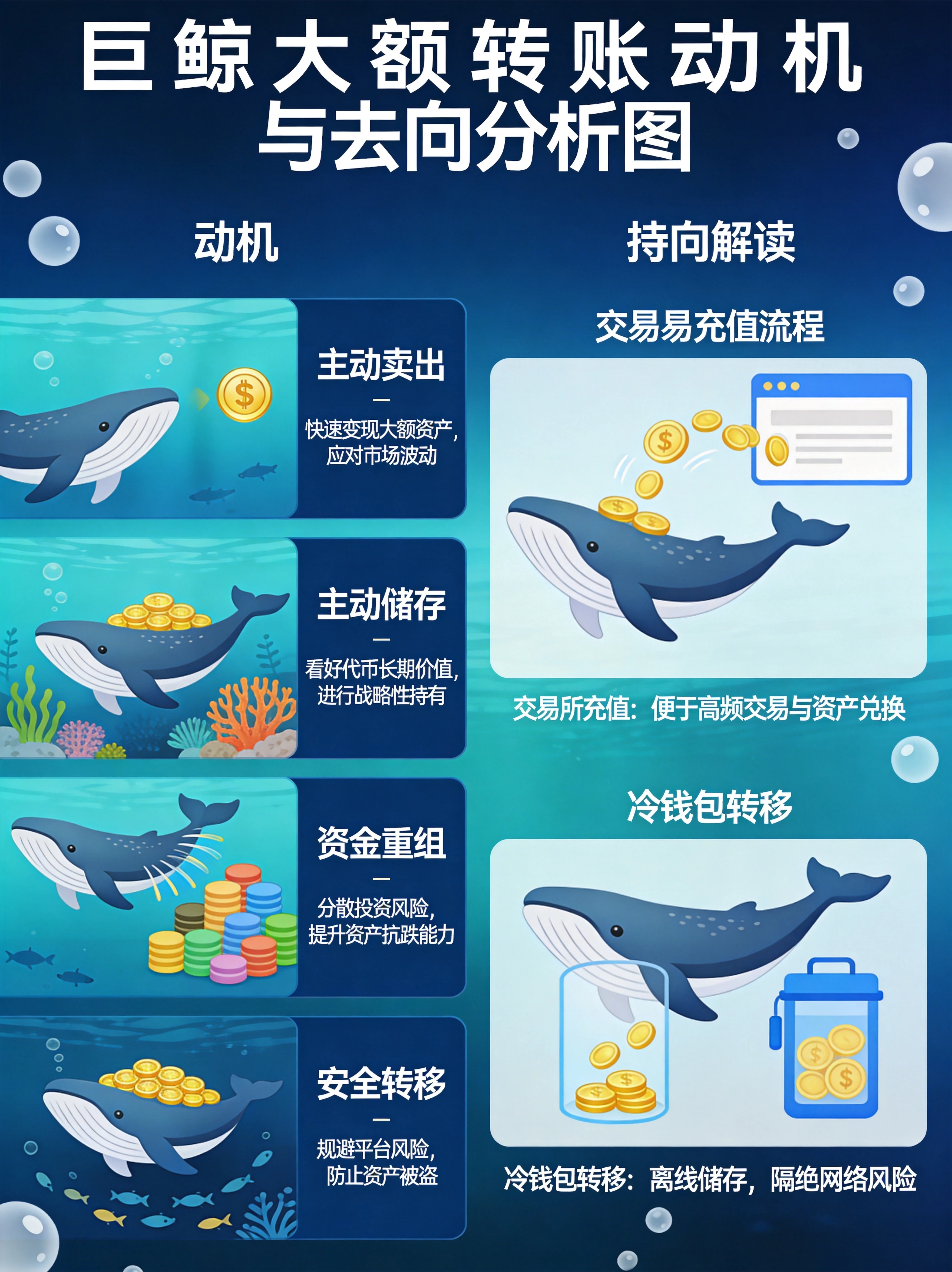  巨鲸转账理性分析框架图，单一指标不可靠、关注资金流向、结合多指标验证、四大后续跟踪信号展示