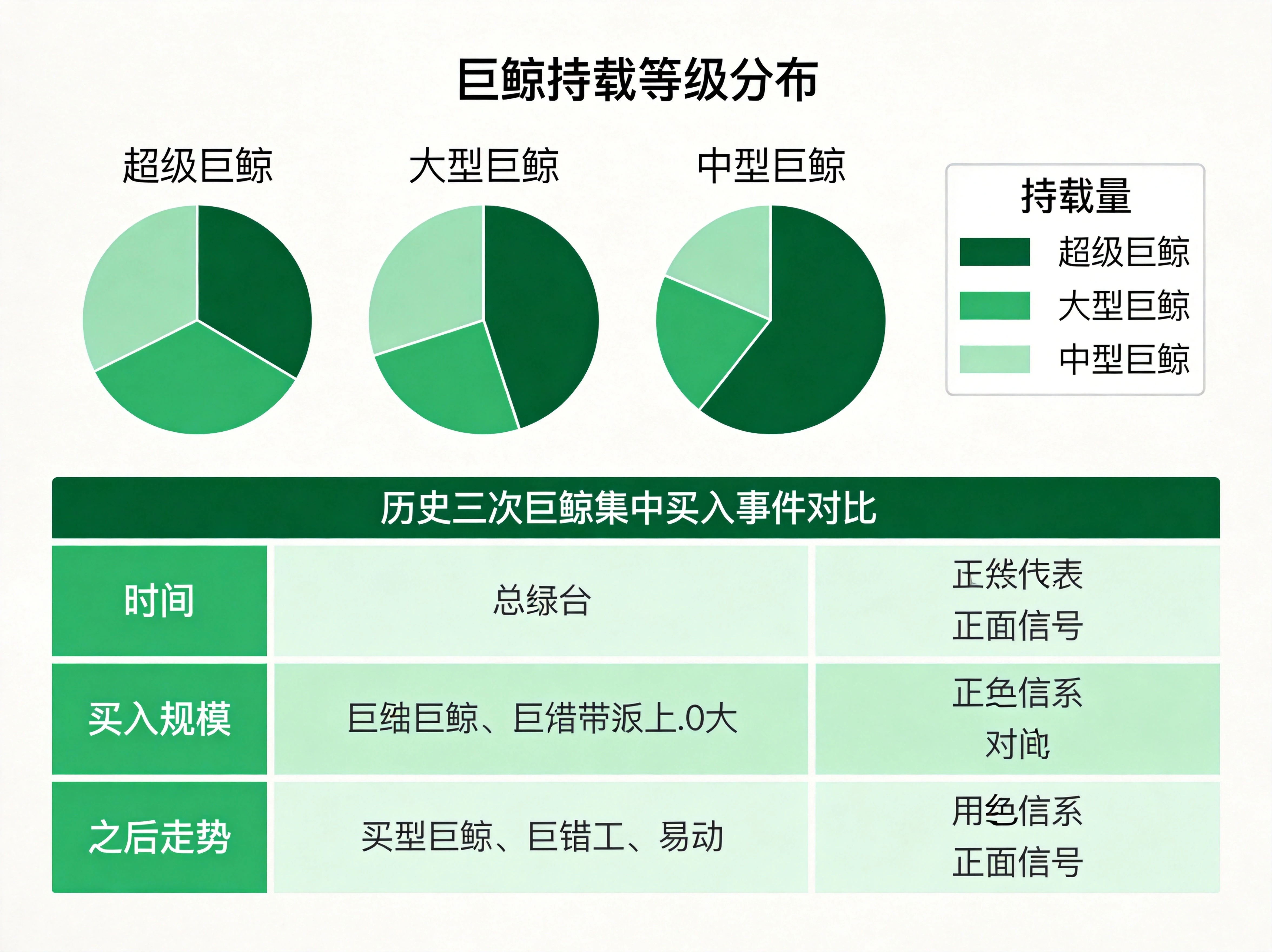 信息图风格，上半部分为巨鲸持仓等级分布饼图（超级巨鲸2.3%、大型巨鲸10%、中型巨鲸16%），下半部分为历史三次巨鲸集中买入事件对比表，包含时间、买入规模、之后走势三列数据，用绿色系表示正面信号，尺寸2304×1728。