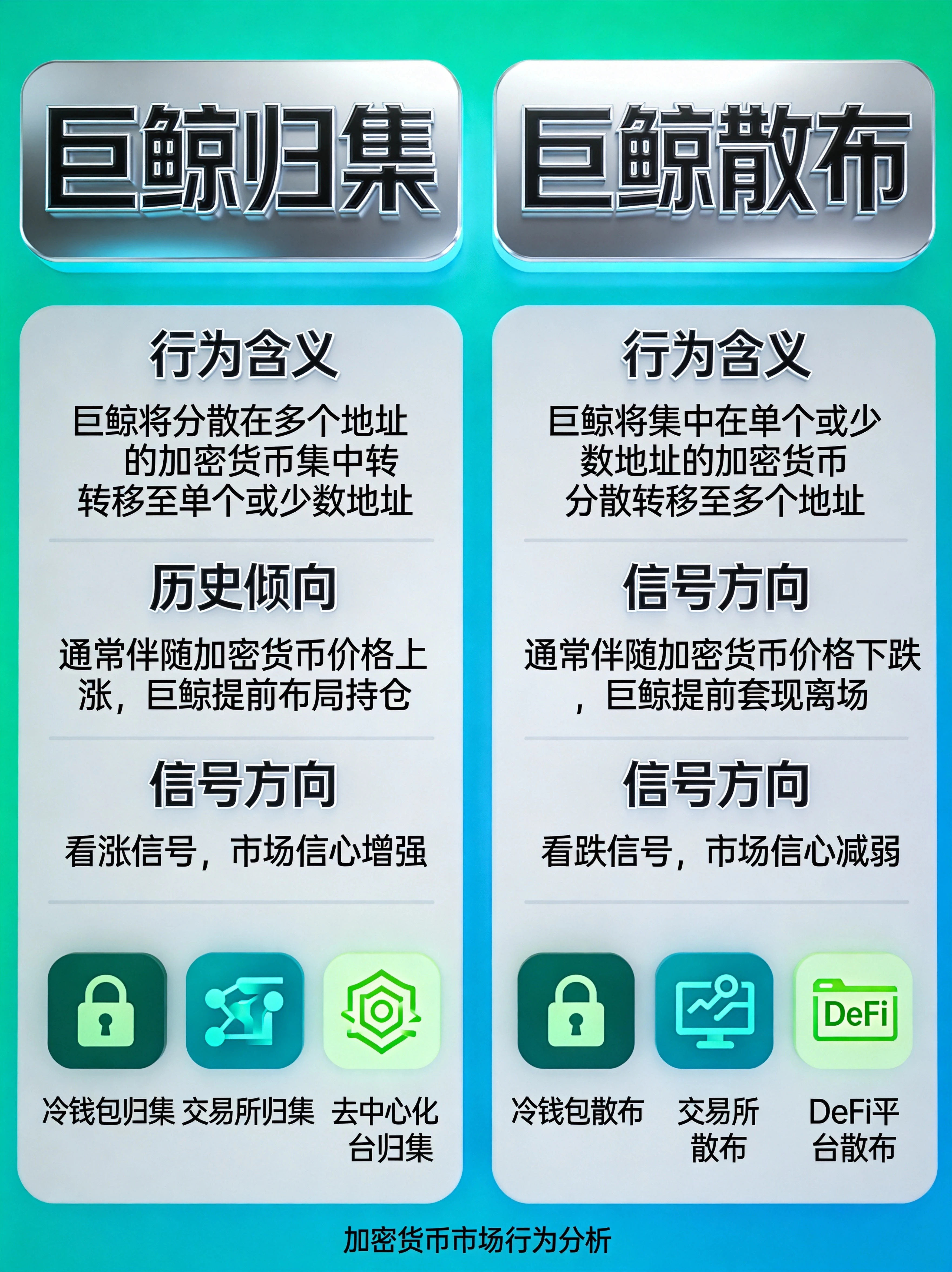 蓝绿色科技风格巨鲸归集vs散布行为对比信息图，左右分栏对比归集和散布两种行为的含义、历史倾向、信号方向，配有归集到冷钱包/交易所/DeFi等不同场景的图标说明